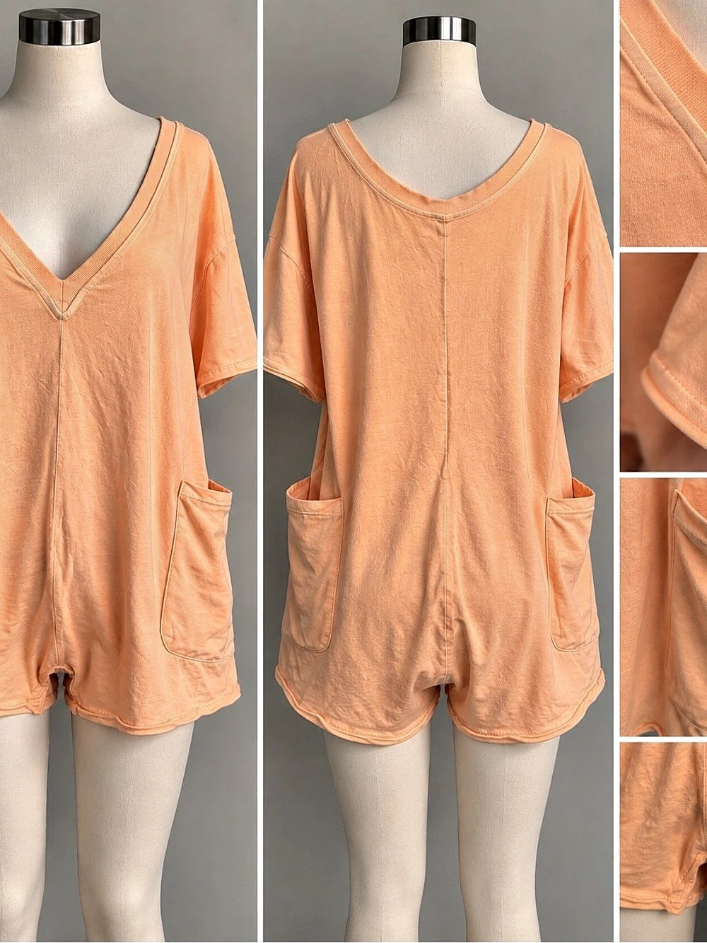 Free People FP Movement Peach Oversized Romper V-Neck Pockets